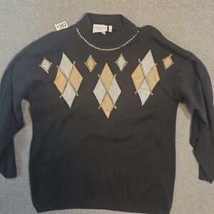 Black Argyle Sweater with Gold and Silver Accents Petite Large